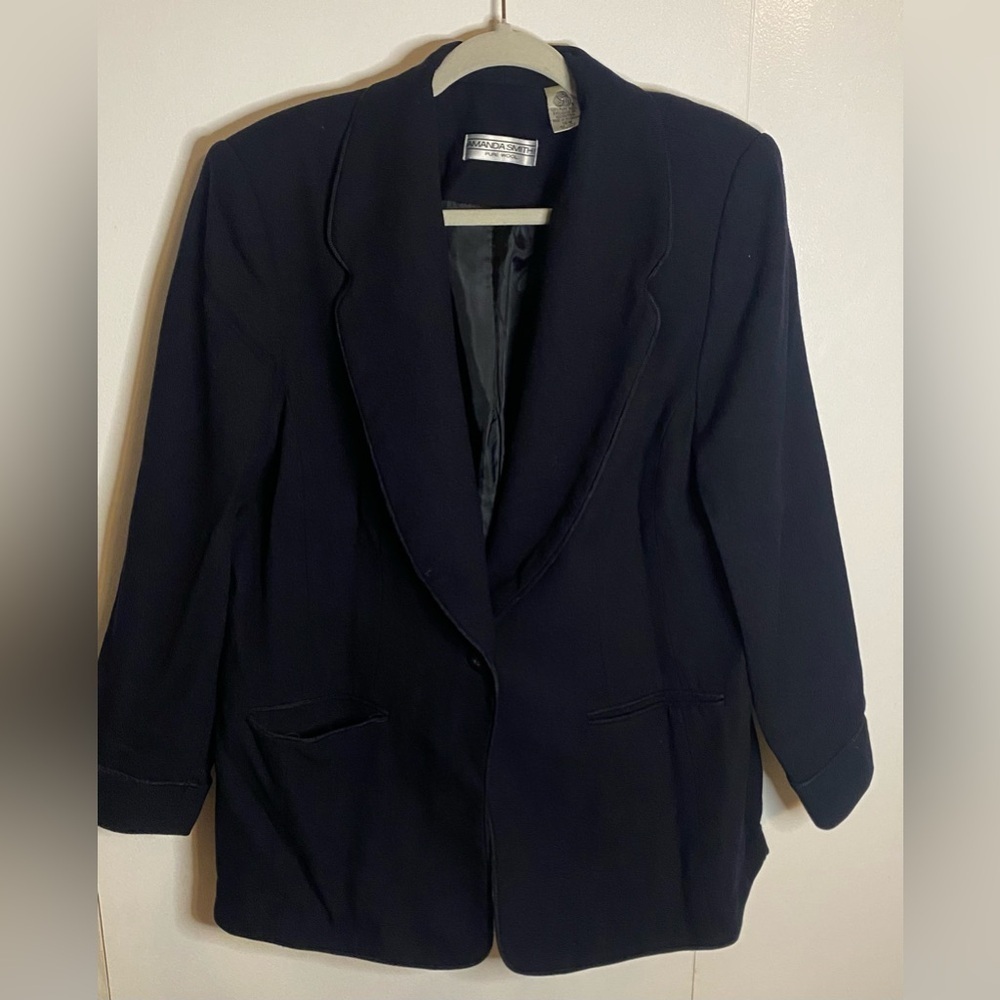 Amanda Smith PURE WOOL Long Jacket Blazer Coat 16W Black 1 Button Lined Pockets